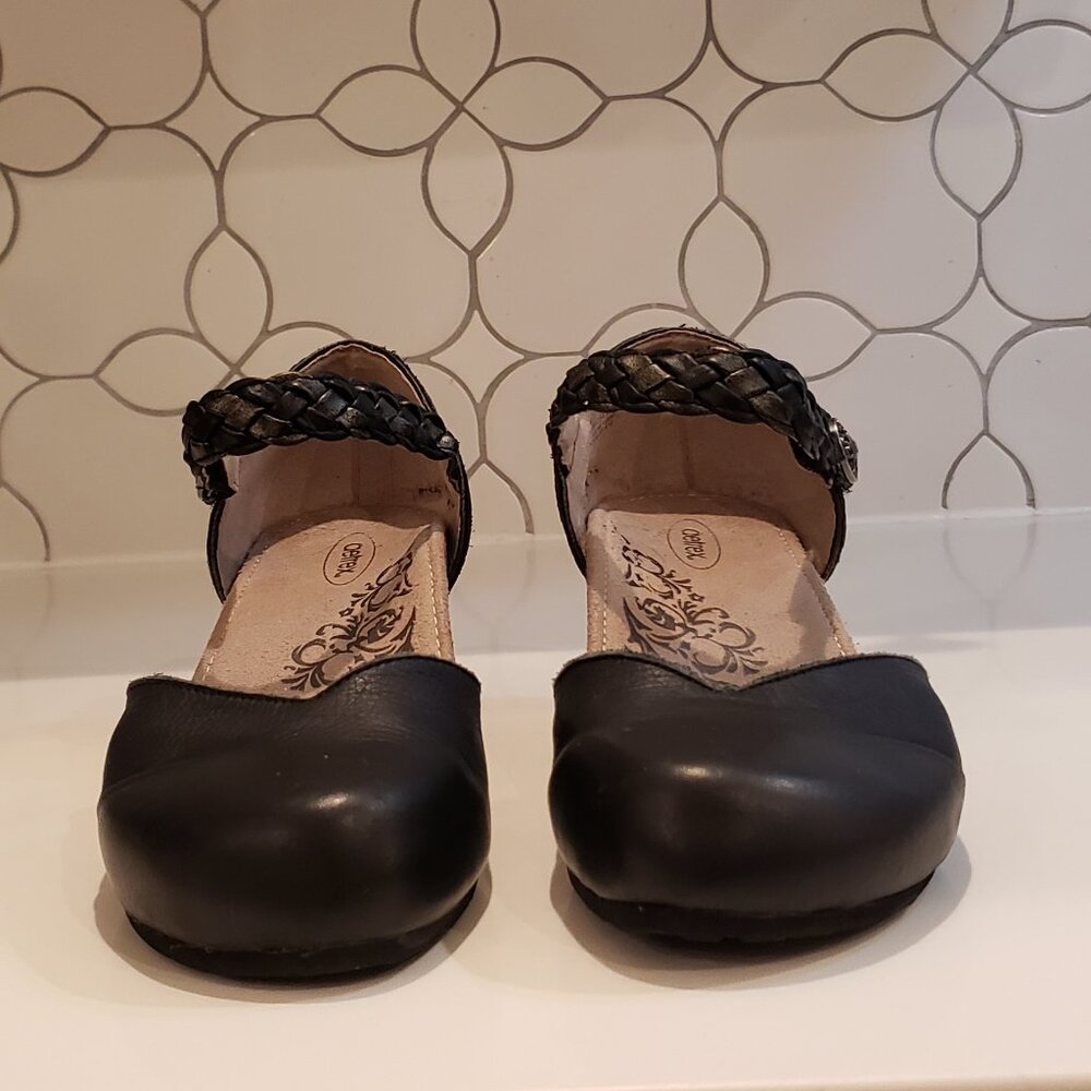 Aetrex Black Leather Braided Strap Mary Jane Wedge Comfort Shoes - Picture 9 of 15